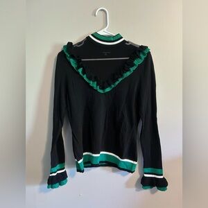 Moelleux Green Metallic Black Mock Neck Mesh Sweater Long Sleeve Pullover